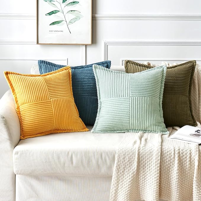 MIULEE Golden Yellow Corduroy Pillow Covers 18x18 Inch with Splicing Set of 2 Soft Boho Striped Pillow Covers Broadside Decorative Textured Summer Pillowcases for Couch Cushion Bed Livingroom