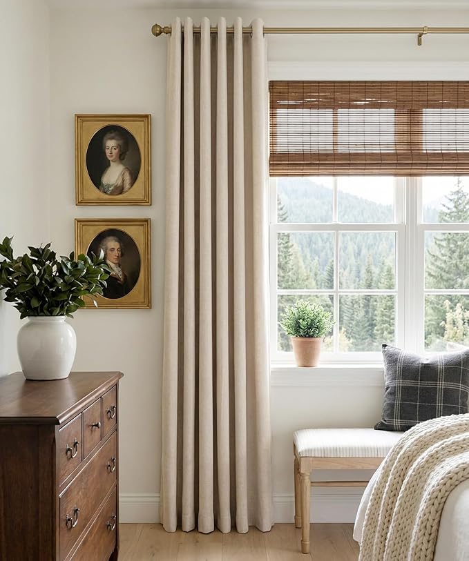 100% Blackout Shield Linen Blackout Curtains for Bedroom, Oatmeal Grommet Curtains for Living Room, Thermal Insulated Room Darkening Drapes for Nursery, Boho Home Decor, 50" W x 90" L, 2 Panels