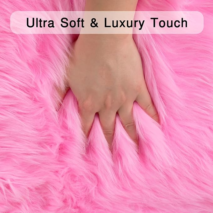 duduta Hot Pink Faux Sheepskin Throw Rug 2x3 ft, Fluffy Shag Rug for Bedroom Dorm Kids Room Fur Seat Chair Covers Non Slip