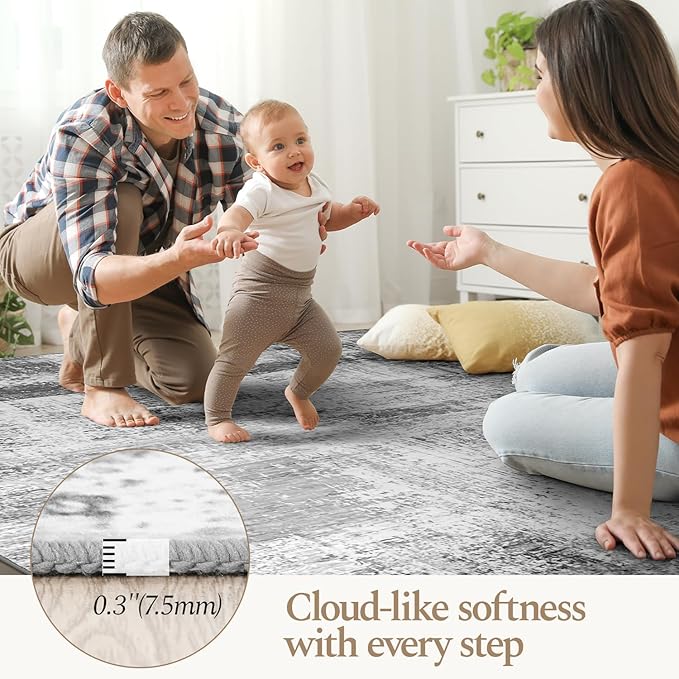 Rugflix 5x7 Large Area Rugs for Living Room, Abstract Washable Rug, Non-Slip, Stain Resistant, Soft Low Pile Carpet, Indoor Grey Rug for Bedroom, Dining Room, Home Office