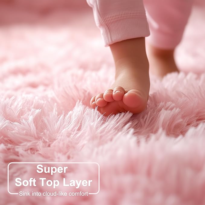 Amdrebio Light Pink Small Cute Round Rug 3Ft for Girls Bedroom, Fluffy Circle Area Rugs for Kids Room Decor Aesthetic, Shag Fuzzy Carpet for Nursery, Preppy Dorm, Classroom, Playroom, Teen, Baby