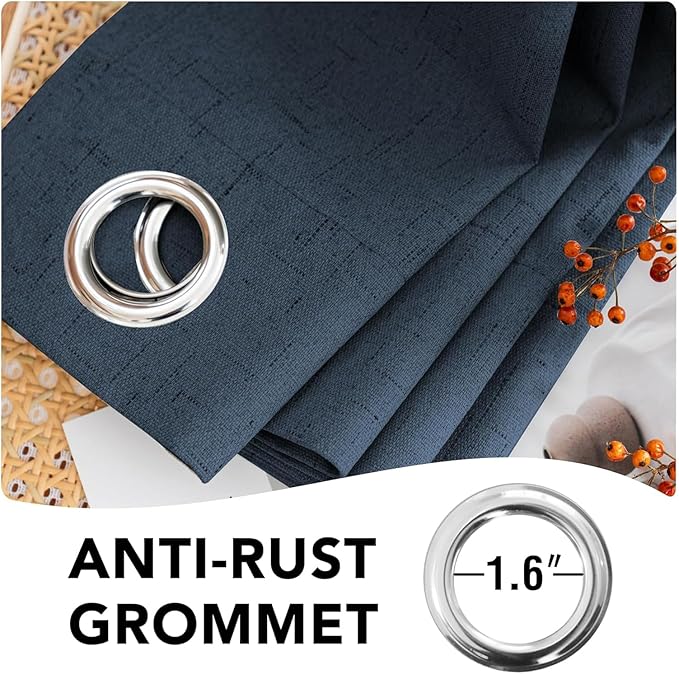 H.VERSAILTEX Linen Curtains 100% Blackout Curtains for Bedroom 102 inch Long Full Light Blocking Nature Linen Blended Window Curtains for Living Room Nickel Grommet (2 Panels, Navy)
