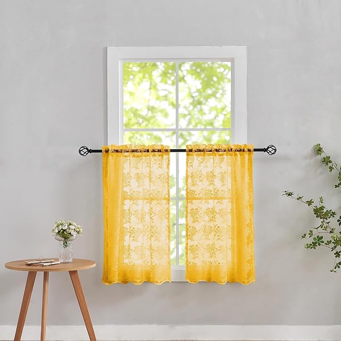 YJ YANJUN Vintage Lace Curtains 24 inch for Small Window 2 Panels Light Filtering Short Mini Cafe Curtains for Bathroom Laundry Room Basement Rod Pocket Width 26 by Length 24 Per Panel Mustard Yellow