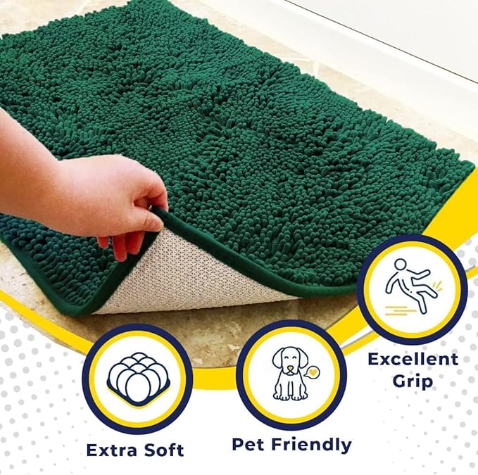 Muddy Mat® | Super Absorbent Door Mat Indoor, Microfiber Quick Dry Chenille Entryway Rug, Non-Slip Front Door Mat, Indoor Mats for Entryway, Machine Washable Pet Rug, Dark Green 28"x18"