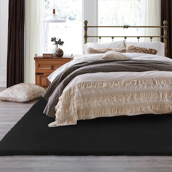 ORINOVA Black Shag Rugs 8x10 Area Rugs for Living Room Faux Rabbit Fur Machine Washable Area Rugs for Bedroom Nursery Decor Fluffy Rug