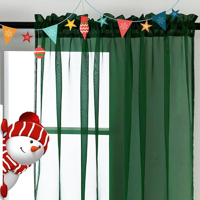 SpaceDresser Foliage Green Sheer Curtains 4 Panels Rod Pocket Semi-Sheer Curtain 45 Inches Long Light Filtering Voile Window Drapes for Bedroom Living Room Kitchen, Each 52W x 45L