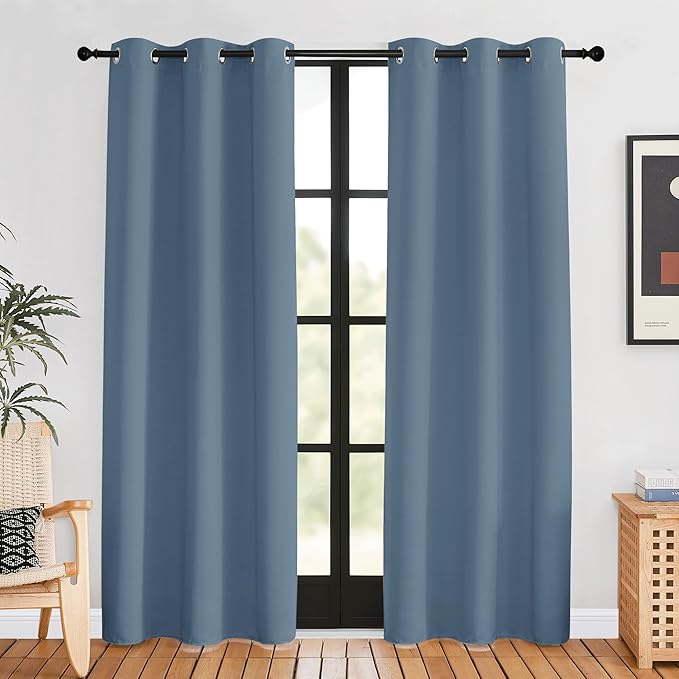 NICETOWN Blackout Window Curtains 80 inch Long, 2 Panels, 34 inch, Smoky Blue, Grommet Top Room Darkening Thermal Insulated Solid Vertical Drapes for Bedroom/Kid Room