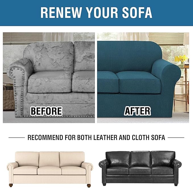 H.VERSAILTEX 4 Piece Stretch Sofa Covers for 3 Cushion Couch Covers for Living Room Furniture Slipcovers (Base Cover Plus 3 Seat Cushion Covers) Thicker Jacquard Fabric (Large Sofa, Deep Teal)