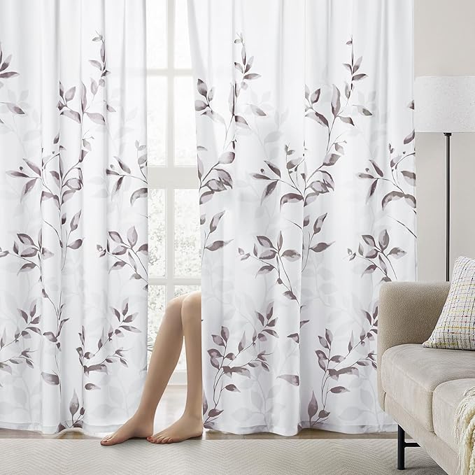 HOMEIDEAS Non-See-Through Dry Rose and White Privacy Sheer Curtains 52 X 96 Inch Length 2 Panels, Leaf Floral Printed Light Filtering Semi Sheer Window Curtains Drapes for Bedroom Living Room