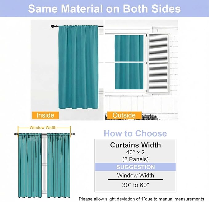 Simplebrand Ava Teal Blackout Curtains for Bedroom 63 Inch Length 2 Panels Set, Privacy Thermal Insulated Rod Pocket Door Window Curtains for Patio French Door Front Door, W40 x L63 Inch