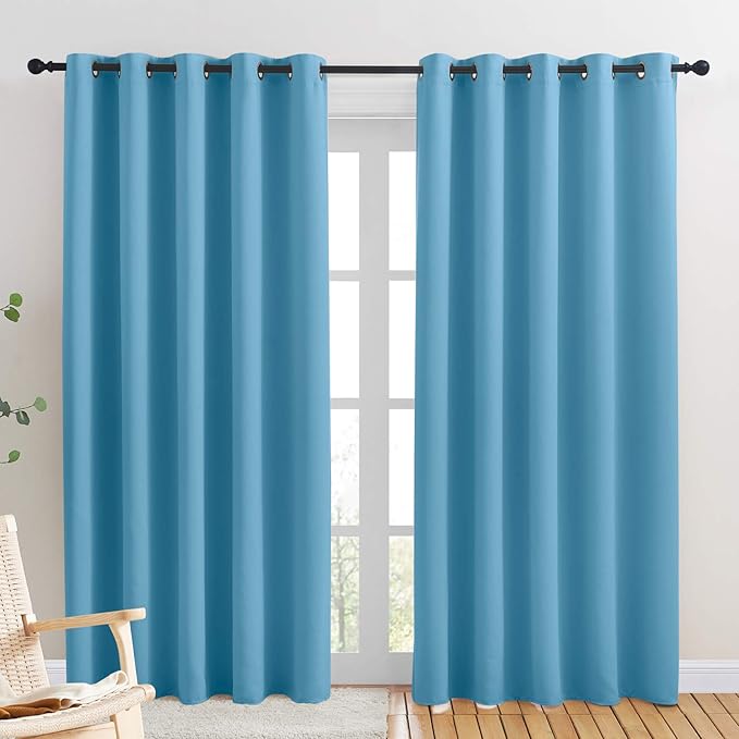NICETOWN Blackout Draperies Curtains for Kids Room, Window Treatment Thermal Insulated Solid Grommet Blackout Drape Panels for Bedroom (Teal Blue, Set of 2, 70 by 84 inches)
