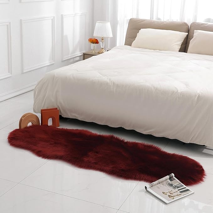 linmopm Faux Fur Rug Sheepskin Shag Fluffy Fuzzy Red 2x6 ft Runner Rugs for Bedroom Bedside Bed Floor Living Room Plush High-Density Cushion Carpet Super Sofa Cover