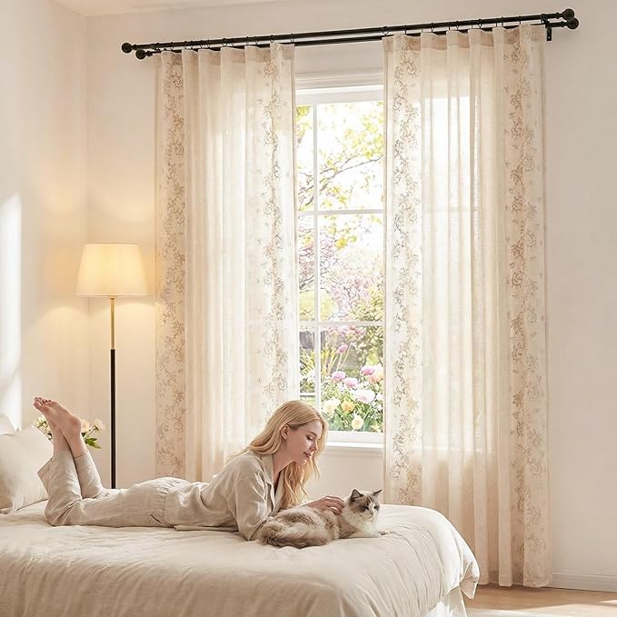 jinchan Evelyn Embroidered Linen Curtains for Living Room Elegant Farmhouse Decor Beige Floral Curtains Semi Sheer Light Filtering Window Drapes for Bedroom Rod Pocket Back Tab 2 Panels W50 x L84