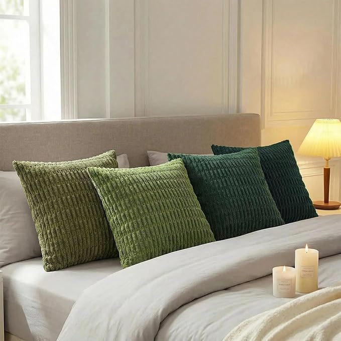 Fancy Homi Set of 4 Green Boho Decorative Throw Pillow Covers 16x16 Inch for Couch Bed Sofa, Aesthetic Modern Bohemian Room Decor, Soft Fuzzy Fluffy Cozy Corduroy Cushion Case 40x40cm