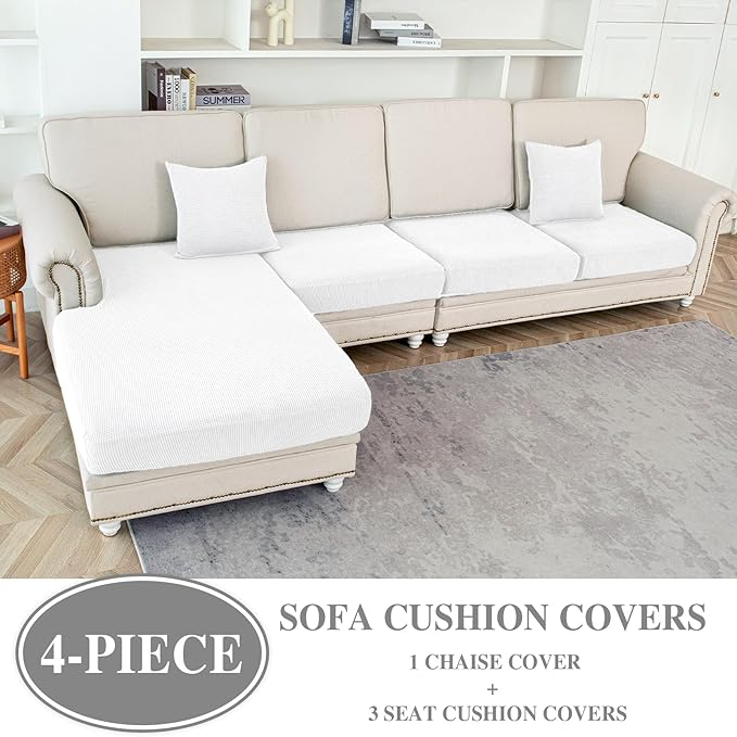 Couch Cushion Covers for Sectional Sofa L Shape Washable Separate Seat Chaise Couch Cover Stretch Sofa Slipcovers with 2 Pcs Pillowcases(3 Seater + 1 Chaise, White)