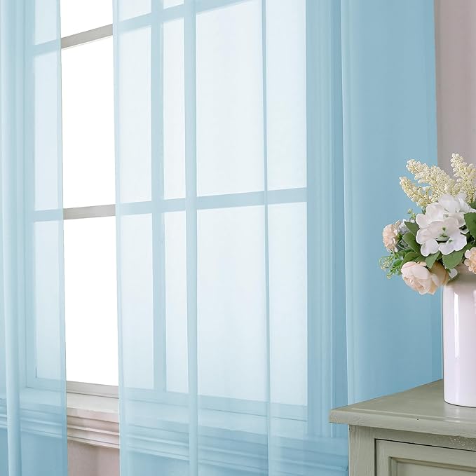 Aiyufeng 2 Pack: Basic Sky Blue Sheer Curtain Drapes 45 Inch Length 2 Panels for Living Room, Light Filtering Voile Drapes for Bedroom, Patio, Sliding Door, Each 42" W x 45" L