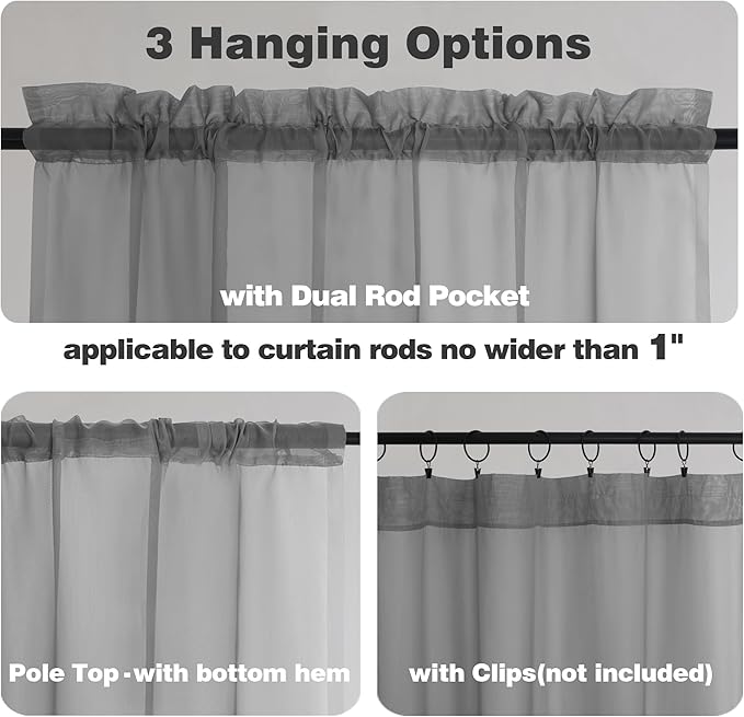 Chyhomenyc Sheer Valances for Windows 42W x 14L inches 2 Pack, Small Window Curtains for Living Room Bathroom Cafe Laundry Basement, Modern Top Dual Rod Pocket Voile Curtain, Charcoal Grey