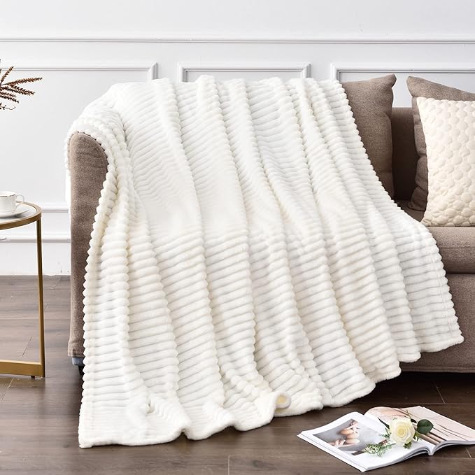 BEDELITE Fleece Throw Blanket for Couch – 3D Ribbed Jacquard Soft and Warm Decorative Fuzzy Blanket – Cozy, Fluffy, Plush Lightweight Off White Throw Blankets for Bed, Sofa, 50x60 inches