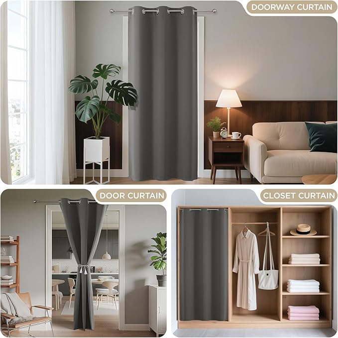 Joydeco Blackout Door Curtain for Doorway Privacy 72 Inches Long, Grommet Closet Curtain for Open Closet, Room Divider for Bedroom Living Room (Light Grey, 52Wx72L, 1 Panel)
