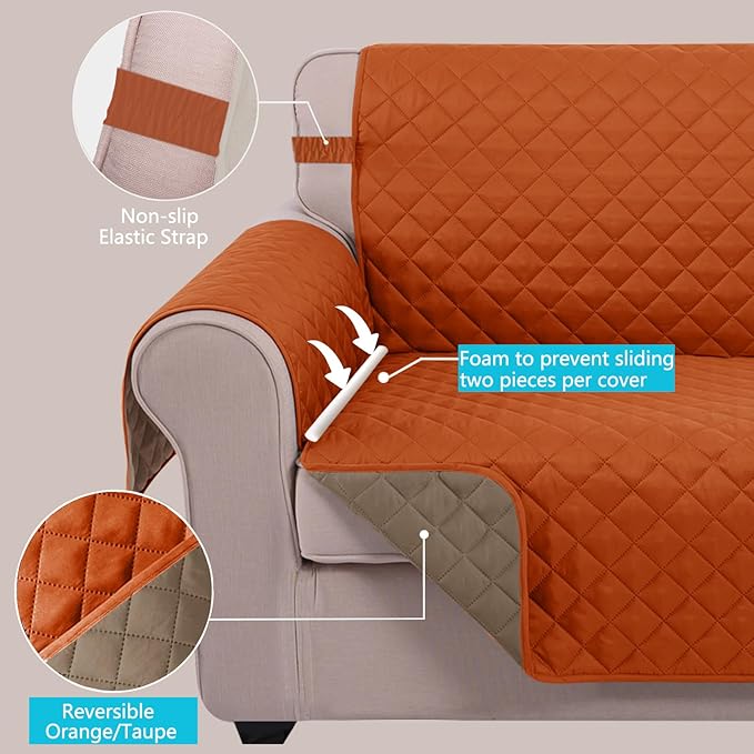U-NICE HOME Large Sofa Cover Reversible Couch Cover for Dogs with Elastic Straps Water Resistant Furniture Protector for Pets Couch Cover for 4 Cushion Couch (Oversized Sofa, Orange/Taupe)