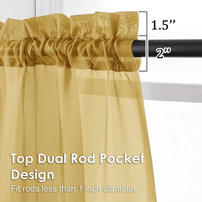 OVZME Gold Sheer Curtains 54 Inches Long 2 Panels - Soft Light Filtering Window Sheer Panels for Living Room/Bedroom, Top Dual Rod Pocket, 1 Pair, Each 42Wx54L Inches
