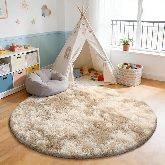 Tie-Dyed Beige Fluffy Round Rug,Soft Area Rugs for Girls Room,Shaggy Rugs 3'X3' for Living Room,Non Slip Circle Rug for Kids Bedroom,Shag Plush Nursery Carpets,Fuzzy Rug for Dorm,Room Decor Carpet
