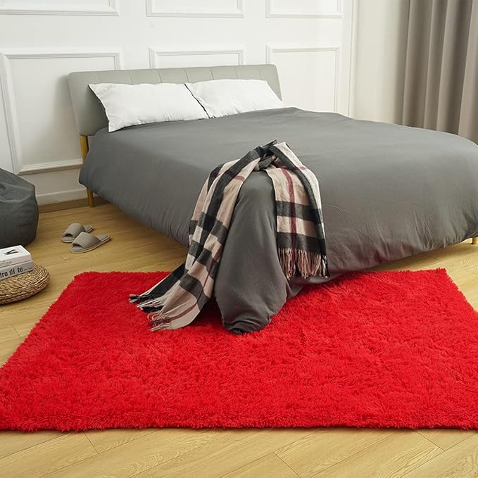 Amearea Premium Soft Fluffy Area Rug Modern Shag Carpet, 3x5 Feet, Fuzzy Shaggy Rugs for Bedroom Living Room Teen Apartment Decor, Comfortable Indoor Furry Dorm Carpets, Red