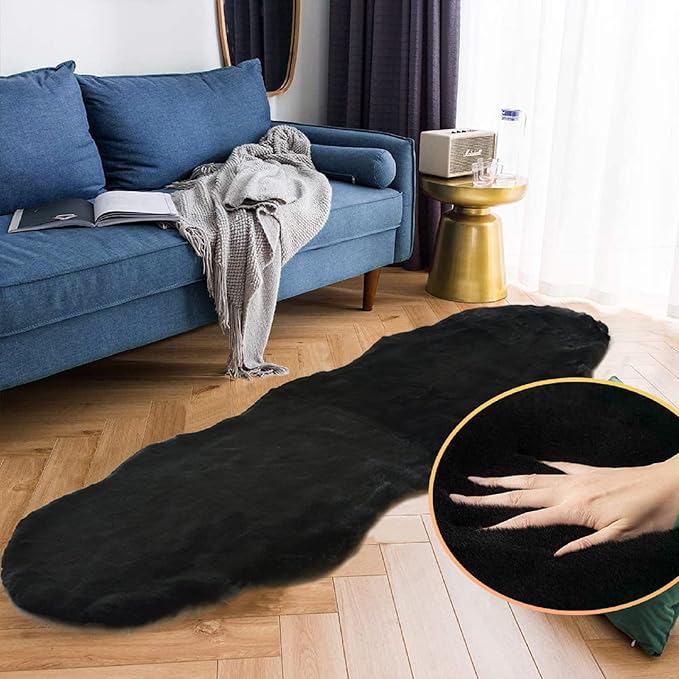 ORINOVA Black Shag Washable Fluffy Fur Area Rugs for Bedroom Living Room Faux Rabbit Fur Nursery Rug 2x6 Cute Shaped Rug Room Décor