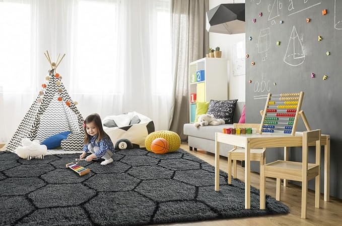 TWINNIS Super Soft Shaggy Rugs Fluffy Carpets, 6x9 Feet, Indoor Modern Plush Area Rugs for Living Room Bedroom Kids Room Nursery Home Decor, Upgrade Anti-Skid Rectangular Fuzzy Rug, Dark Gray