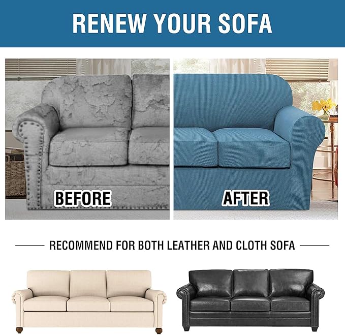 H.VERSAILTEX 4 Piece Stretch Sofa Covers for 3 Cushion Couch Covers for Living Room Furniture Slipcovers (Base Cover Plus 3 Seat Cushion Covers) Upgraded Thicker Jacquard Fabric (Sofa, Dusty Blue)