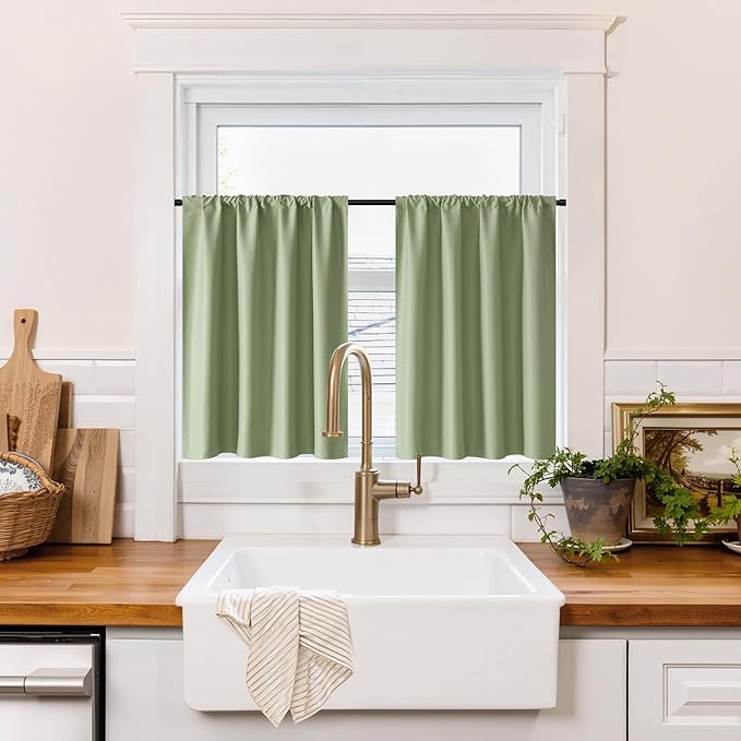 RYB HOME 100% Blackout Basement Curtains 24 inches Long, Heat & UV Blocking Total Room Darkening Noise Reducing Curtains for Bathroom RV Campers, Sage Green, 2 Panels Set