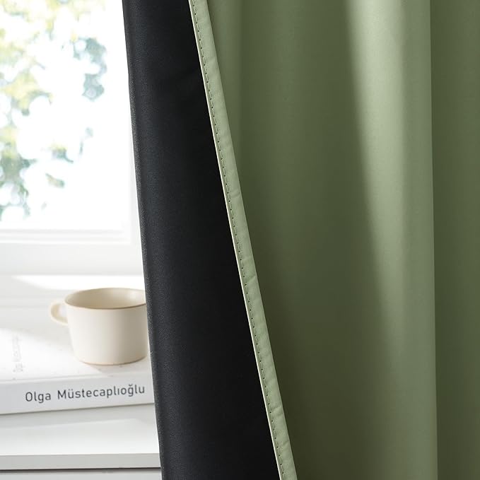 RYB HOME 100% Blackout Short Curtains for Small Window, Thermal Insulated Total Room Darkening Noise Reducing Curtains for Basement Bathroom Basement, 29 inches Wide by 45 inches Long, Sage Green