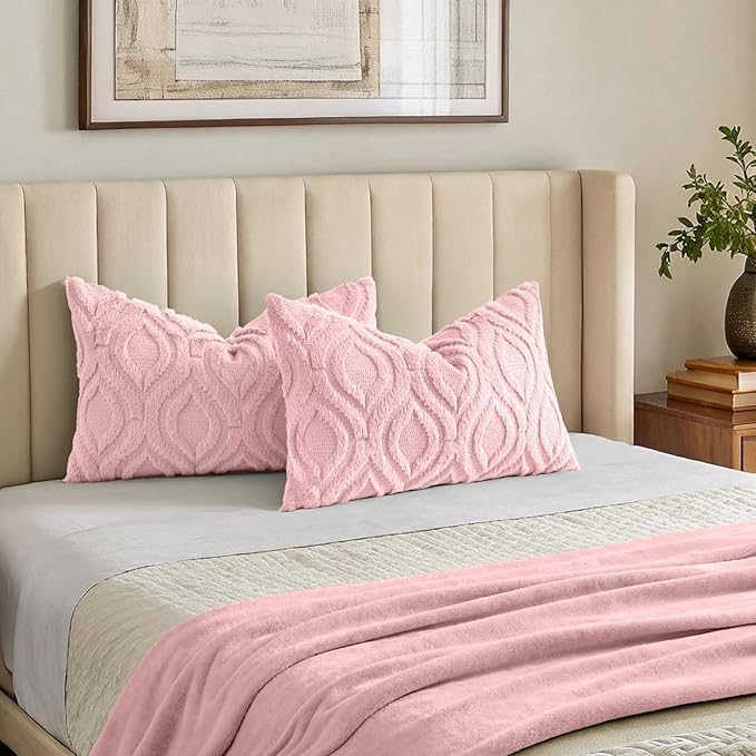 decorUhome Throw Pillow Covers 12x20 Inch Set of 2, Soft Plush Faux Wool Pink Solid Couch Pillow Covers, Accent Farmhouse Neutral Rectangle Pillow Cases for Sofa Bed Living Room