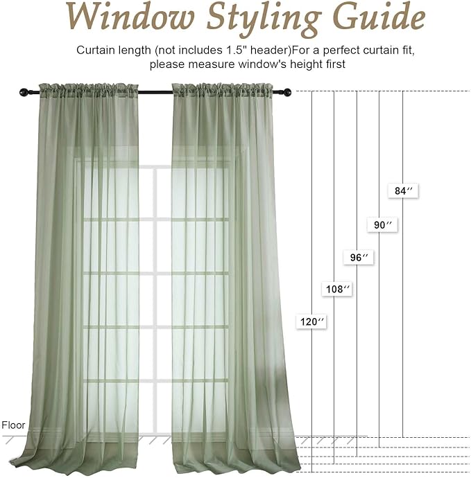 OVZME Sage Green Sheer Curtains 120 Inches Long 2 Panels Set, 59 Inch Extra Wide Soft Airy Lightweight Sheer Curtains for Living Room, Farmhouse Voile Filmy Rod Pocket Drapes, 59Wx120L Inches