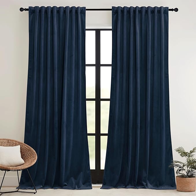 RYB HOME Navy Velvet Curtains 96 inches- Velevt Blackout Curtains for Bedroom, Thermal Insulated Noise Reducing Panels Soft Luxury Window Decor, Navy Blue, W52 x L96 inches, 2 Panels