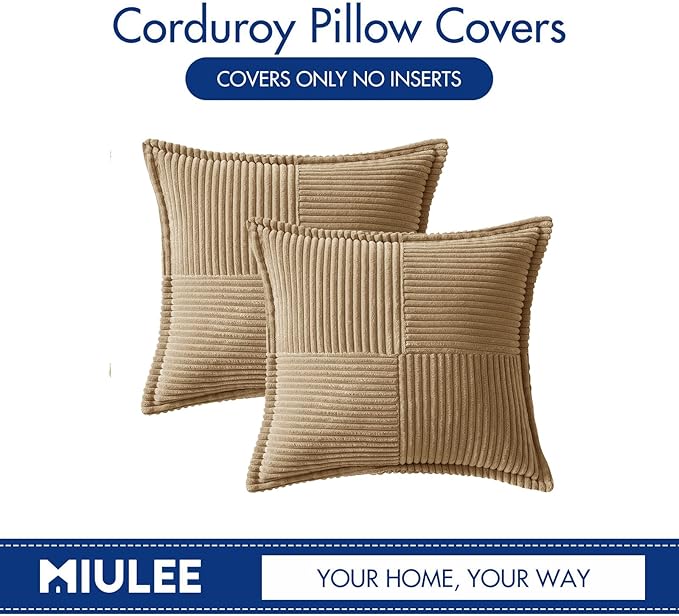 MIULEE Decorative Throw Pillow Covers for Couch Bed Livingroom 20x20 Inch Set of 2 Khaki Boho Accent Throw Pllows Broadside Striped Patchwork Soft Corduroy Pillowcases