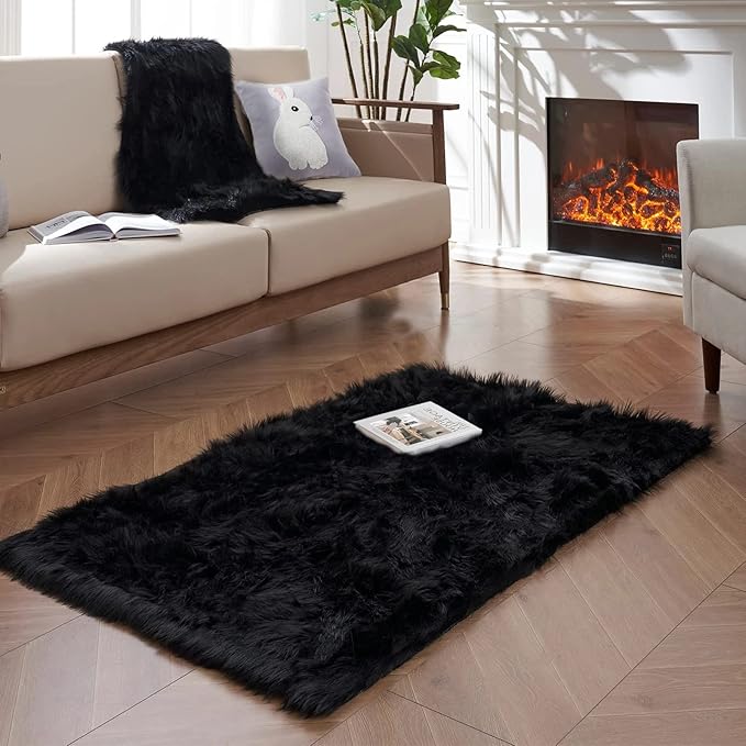 Goolela Black Sheepskin Rug 3x5 for Bedroom Black Fluffy Faux Fur Rug Furry Shag Plush Soft Bedside Dorm Décor Rectangle