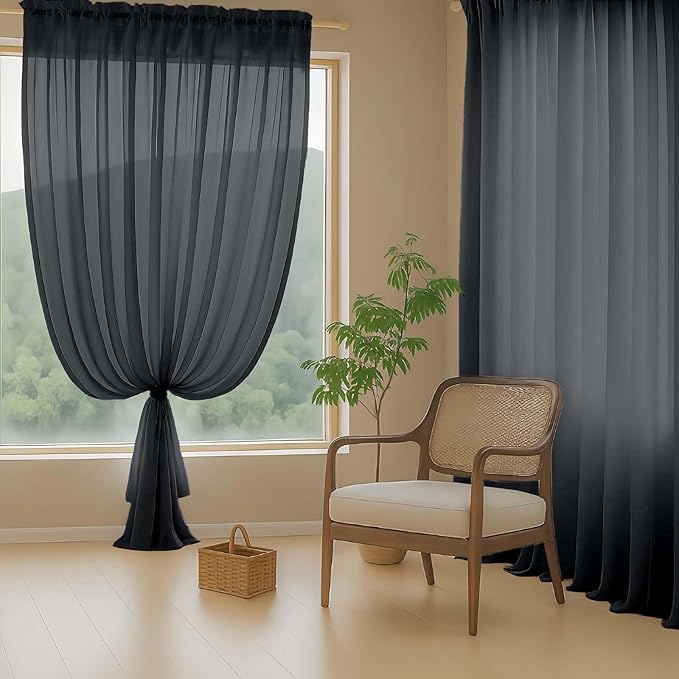 Halloween Black Sheer Curtains for Window 72 inches Long 2 Panels Set, Soft Airy Light Filtering Sheer Curtains for Living Room Bedroom, Dual Rod Pocket Solid Window Drapes, 2x42Wx72L inches