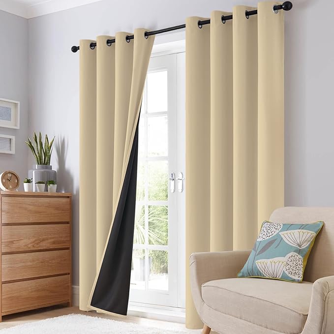 SimpleHome 100% Blackout Curtains for Bedroom,Thermal Insulated Beige Grommet Window Drapes Room Darkening Curtains for Living Room with Black Back,62 x 63 Inch,2 Panels