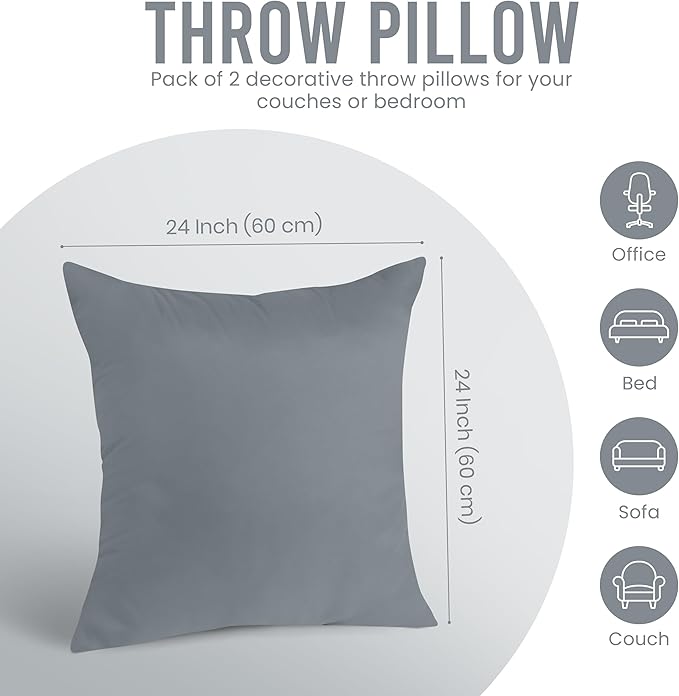 Utopia Bedding 24x24 Pillow Inserts, Set of 2, Grey – Indoor Decorative Throw Pillows for Bed, Sofa & Couch – Soft, Supportive & Fluffy Cushion Inserts