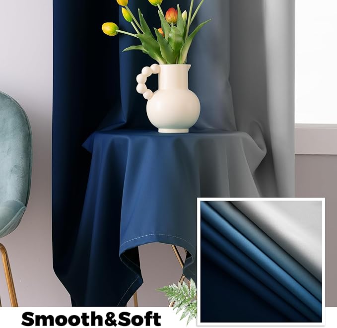 Yakamok 100% Blackout Curtains 84 Inch Length 2 Layers,Blue Curtains for Bedroom Ombre Room Darkening Grommet Gradient Drapes, Light Blocking Thermal Insulated Window Curtains for Living Room