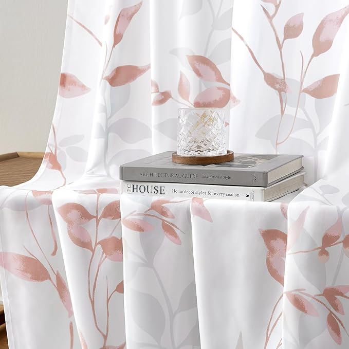 HOMEIDEAS Non-See-Through Pink and White Privacy Sheer Curtains 52 X 96 Inches Long 2 Panels, Leaf Floral Printed Light Filtering Semi Sheer Window Curtains Drapes for Bedroom Living Room
