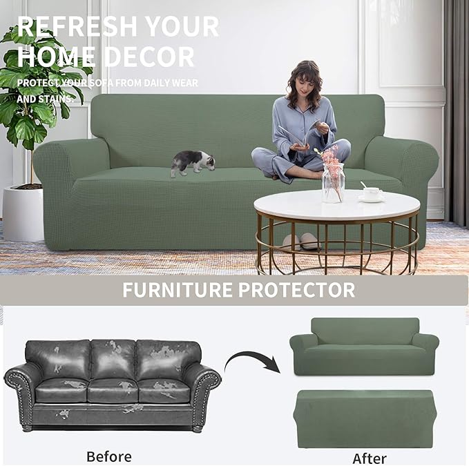 Easy-Going Stretch Oversized Loveseat Slipcover 1-Piece Sofa Cover Furniture Protector Couch Soft with Elastic Bottom for Kids Polyester Spandex Jacquard Fabric Small Checks Greyish Green