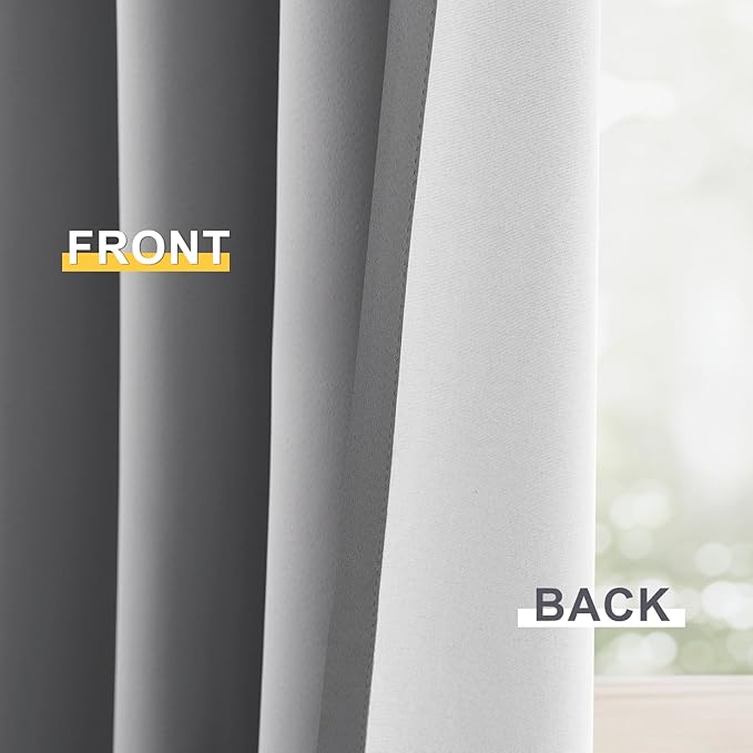 Yakamok 100% Blackout Curtain Panels 84 inches Cold and Light Blocking Drapes for Nursery, 2 Thick Layers Thermal Insulated Draperies (2 Pieces, 50 Wide Each Panel, Dove Grey/White Backing)