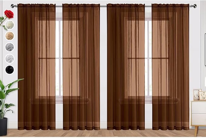 SpaceDresser Brown Sheer Curtains 4 Panels Rod Pocket Semi-Sheer Curtain 84 Inches Long Light Filtering Voile Window Drapes for Bedroom Living Room Kitchen, Each 52W x 84L