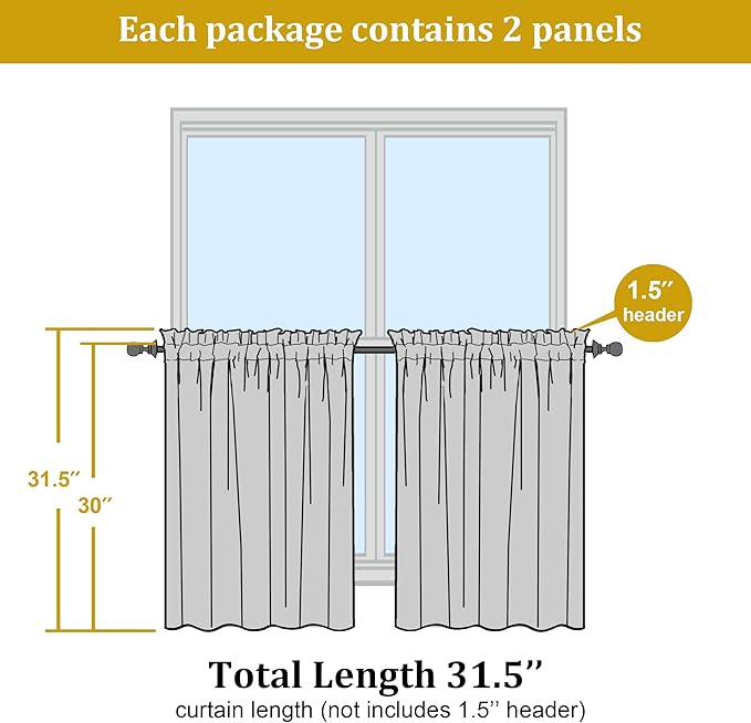 OWENIE Short Sheer Curtains 30 Inches 2 Panels Set, Kitchen Tiers Light Filtering Rod Pocket Cafe Curtains for Kitchen Bathroom Small Half Window, 42 in W x 30 in L, Ivory