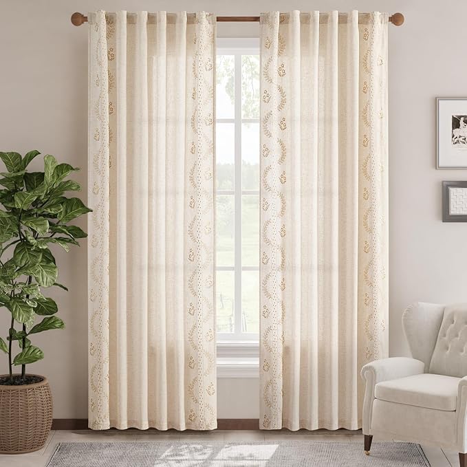 jinchan Belrose Linen Curtains for Bedroom Floral Curtains 90 Inch Length Linen Blend Beige Embroidered Drapes Farmhouse Flower Patterned Drapes for Living Room Window Treatments Set 2 Panels