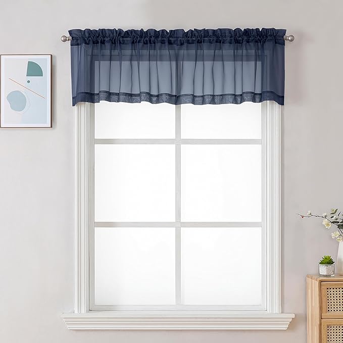 Chyhomenyc Sheer Window Valance Curtains, 42x14 Inches Light Filtering Valances Windows Treatment, Small Rod Pockets Voile Sheer Curtains for Living Room/Bathroom/Basement, Navy Blue, 2PCS