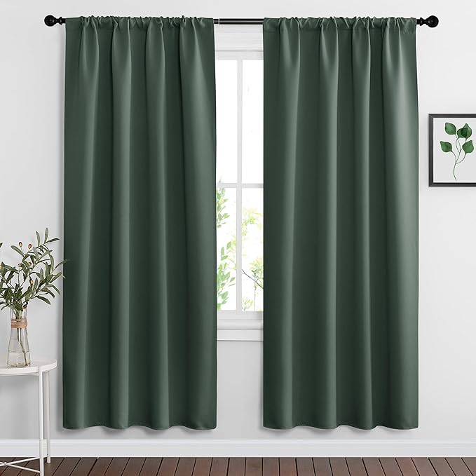 RYB HOME Blackout Curtains for Bedroom Living Room 72 inches Long, Thermal Insulated Privacy Rod Pocket Drapes for Nursery Office Home Theater, Width 42 by Length 72, Dark Green, 2 Panels