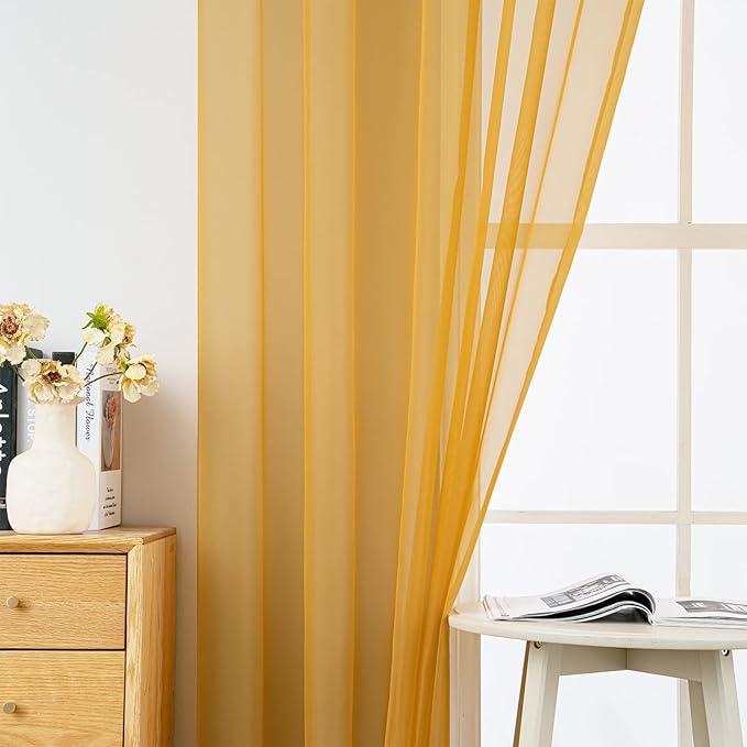 MIULEE 2 Panels Solid Color Sheer Window Curtains Elegant Window Voile Fall Panels/Drapes/Treatment for Bedroom Living Room (54X90 Inches Gold)